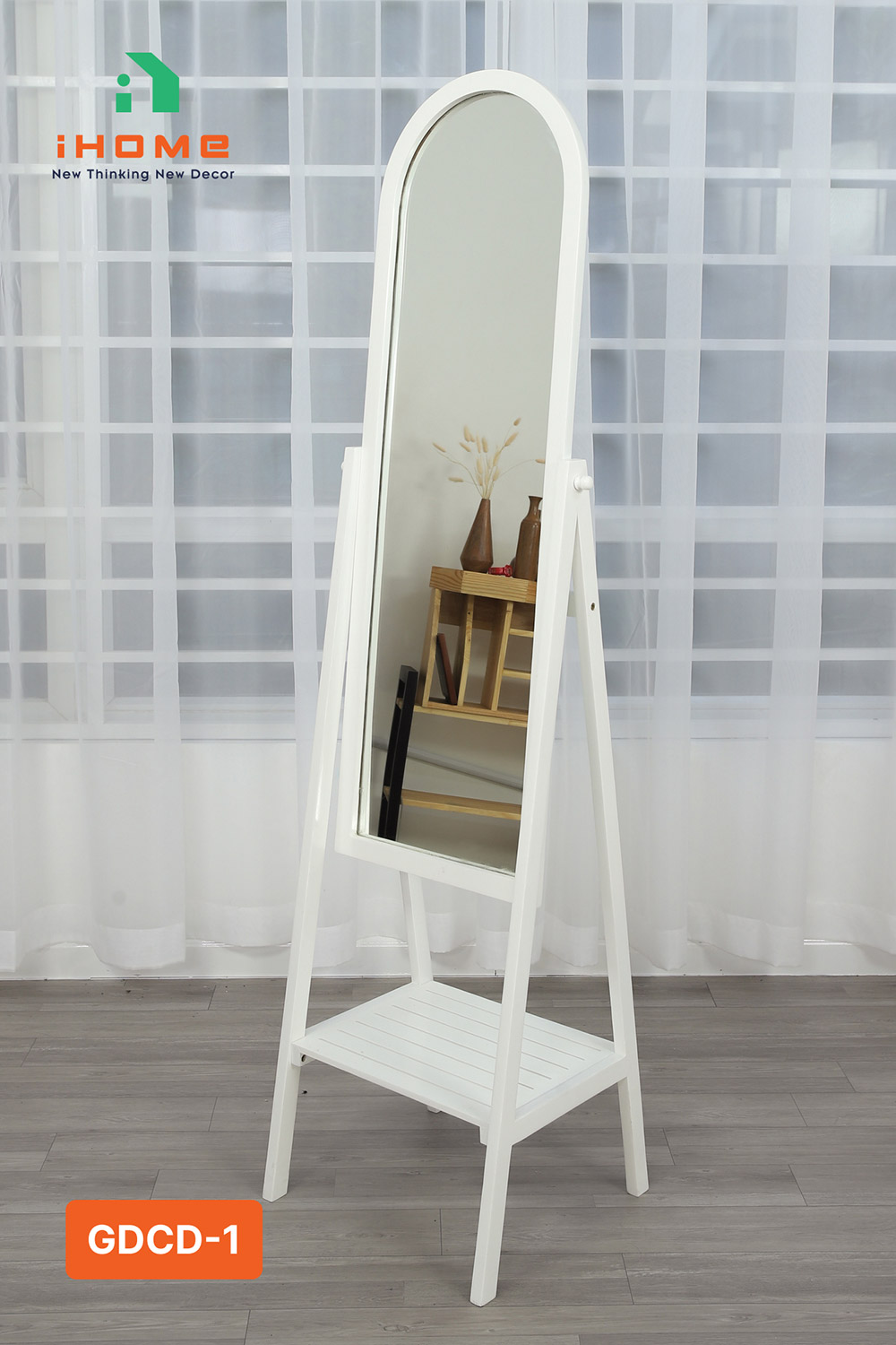 gương đứng có đế gỗ thông sơn trắng